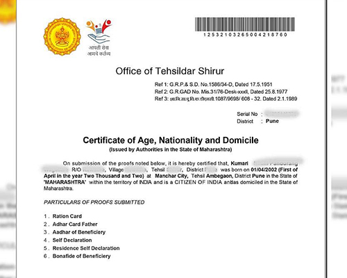 Domicile & Income Certificate